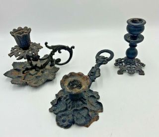 3 Vintage Cast Iron Gothic Victorian Candlestick Candle Holders