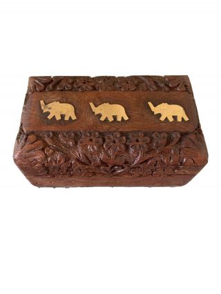 Vintage Hand Carved Wood Trinket Box Floral Pattern Brass Elephant Inlay India