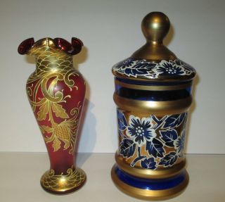 Vintage Moser Style Glass Vase & Jar