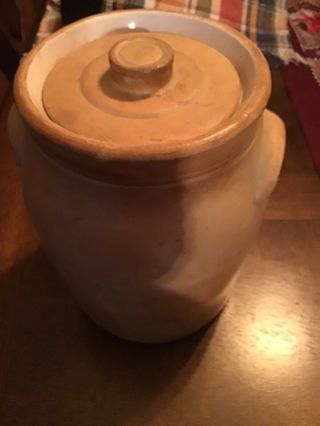 Antique Salt Glazed Stoneware Crock W/lid And Dog Ear Handles 2
