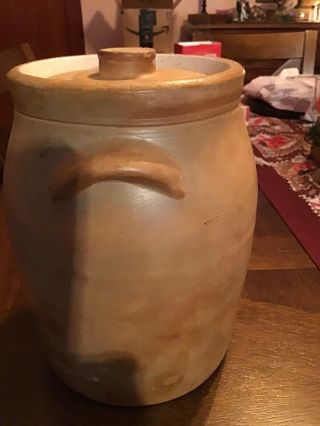 Antique Salt Glazed Stoneware Crock W/lid And Dog Ear Handles 3