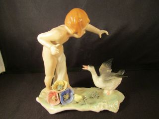 Antique Art Deco Figurine By Karl Ens Germany Porcelain Girl With Goose