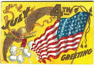 Old Postcard 4th Of July Greetings Flag Eagle Fireworks Embossed 1908