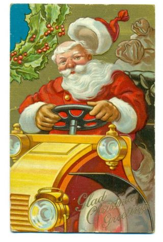 Vintage Christmas Postcard Santa Driving Old Car Looses Hat And Toys Embossed
