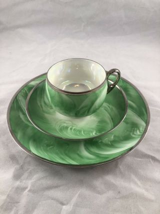 Antique Silverite China Germany Ohme Cup Saucer Plate Green Swirl