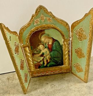 Large Aqua Gold Gilt Tole Wood Italian Florentine Madonna Baby Jesus Triptych