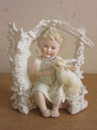 Antique German Heubach ? Porcelain Figurine Vase Sitting Girl Bunny Rabbit 7.  5 "