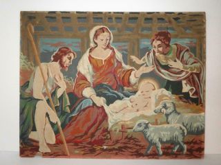 Vintage Large Mid Century Nativity Paint By Number Completed Folk Art 16 X 20 "