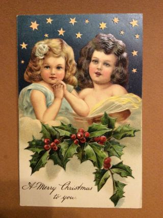 Vintage Postcard Christmas 84 Pfb 2 Girls Embossed Gold Foil Card - Early 1900s