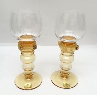 Two (2) Theresienthal Amber Roemer Glasses Raspberry Prunts Stickers