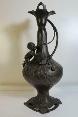 Antique Art Nouveau French Bronze Spelter Regule Cherub Bird Vase 14 " Inches