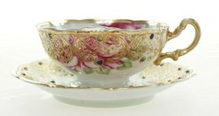 Antique Victorian Moustache Cup With Hand Painted Gold Detailing And Jewels