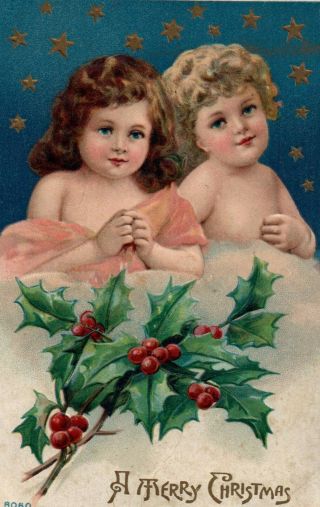 Merry Christmas Children Angels Vintage Christmas Postcard