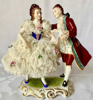 Courting Couple Figurine,  Mv Dresden Porcelain Lace; Mueller - Volkstedt; Mz