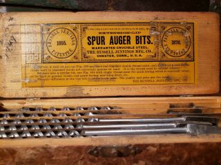 Vintage Russell Jennings 13 Auger Bits Set In Tiered Storage Box