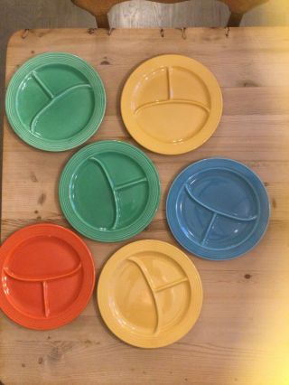 6 Vintage Fiesta Ware 10.  5 " Divided Compartment Grill Plates,  Colors