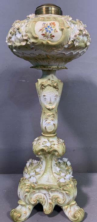 Antique Capodimonte Style Porcelain Old Flower Decorated Banquet Oil Parlor Lamp
