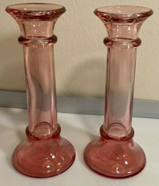 Pair (2) Of 7 " Pink Glass Candlesticks,  Holders