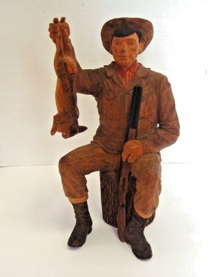 Handsome 1930s Wpa Farrell Dwyer Wood Carved Hunter With Rifle & Rabbit