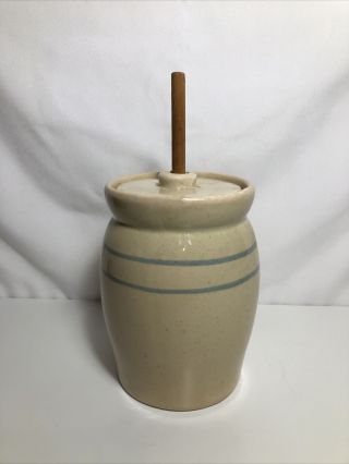 Vintage Small Stoneware Butter Churn With Lid Two Blue Stripes 6.  5”