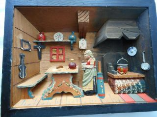 Vintage German Diorama Shadow Box Kitchen Scene Wood Hand Painted Carved Wood