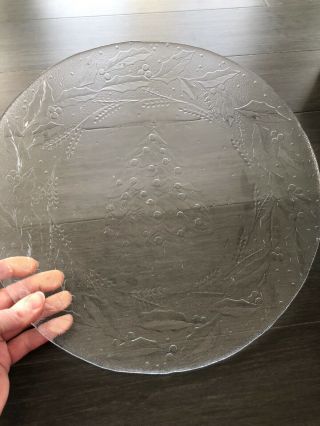 13” Clear Glass Christmas Serving Plate W Holly & Tree Design - Holiday Platter
