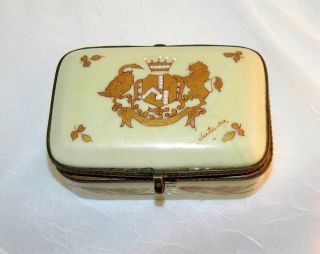 Antique FRENCH PORCELAIN BOX Hinged HAND PAINTED Coat of Arms SIGNED 4 