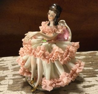 Dresden Crown D Lace Seated Girl Ceramic Figurine Germany White W/pink - Numbered