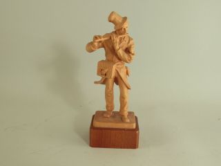 Vintage Anri Style Hand Carved Wood Figure Flute Player Unpainted Natural Wood