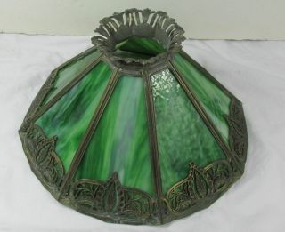 Antique Early 1900s Ornate Metal Frame Green Slag Glass Lamp Shade 8 Panels