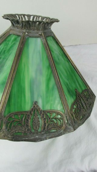 Antique Early 1900s Ornate Metal Frame Green Slag Glass Lamp Shade 8 panels 2