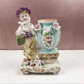 Antique Dresden Porcelain Lady Bird Vase Figurine Colorful Pretty