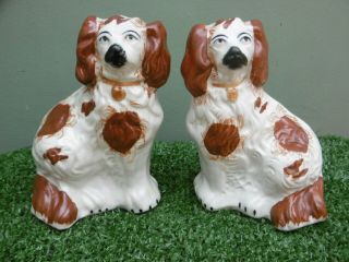 Pr 19thc Staffordshire Red & White Spaniel Dogs In Sitting Pose C.  1870