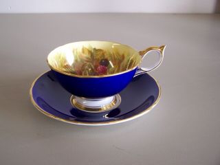 Aynsley Orchard Fruit Cobalt Blue Cup And Saucer Peach Berries Signed D Jones