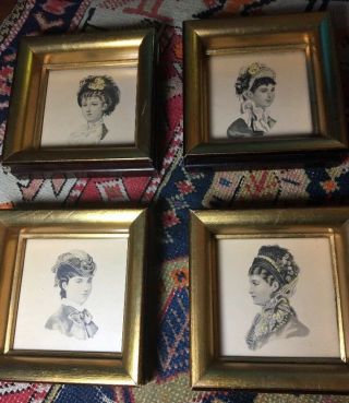 Grouping Of 4 Vintage Colored Lithographs; Hat Models; French; Gold - Framed