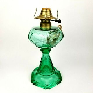 Antique Findlay Queen Of Hearts Beaded Heart Green Glass Converted Oil Lamp