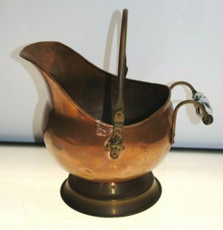 Rare - Antique Copper Coal Scuttle Bucket With White & Blue Porcelain Handle