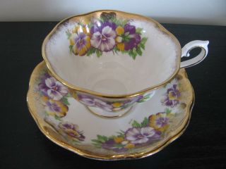 Royal Albert Yellow Purple Pansy Heavy Gold Tea Cup And Saucer