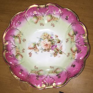 Antique T L Bavaria Porcelain Deep Serving Bowl.  Pink/roses/gold.  10 1/2 "