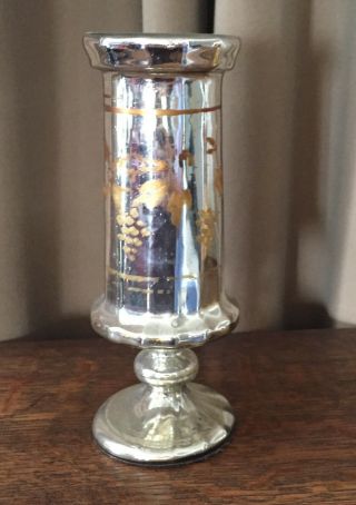 Antique Victorian Silver Mercury Glass Vase Hand Painted - 81/4 " T - Silver & Gold