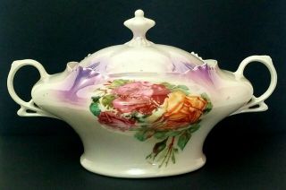 Antique Mw Co Porcelain Biscuit Cracker Cookie Jar Hand - Painted Roses Germany