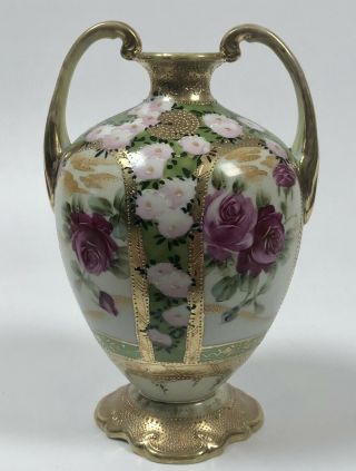 Hand Painted Nippon Double Handled Vase Roses
