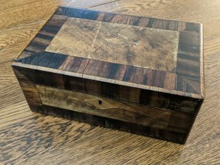 Antique Victorian Sewing Notions Box Walnut And Burl Veneer Inlay