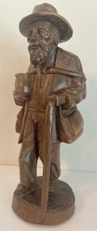 Vintage Hand Carved Wooden Sculpture Figurine Old Traveling Man W/cane Folk Art