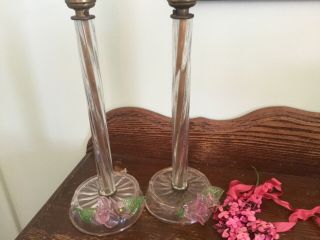 Antique Vintage Pr Venetian Glass Boudoir Candlestick Table Lamps W Pink Roses