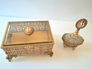 Vintage Ormolu Gilt Jewelry Box With Cameo & Cameo Perfume Bottle