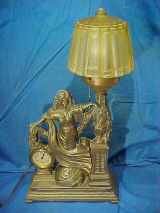 Orig 1930s Art Deco Era Woman On Top Of The World Figural Lamp W Clock