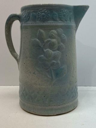 Early Antique Blue And White Stoneware Salt Glaze Pitcher Floral Flowers & Leave