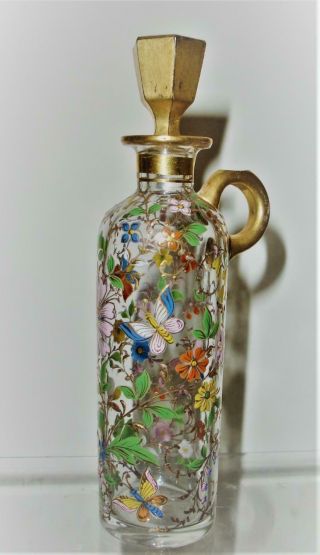 Antique Handled Glass Perfume Bottle Hand Painted Florals Butterflies