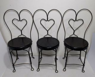 Vintage Set Of 3 - Ice Cream Parlor Chairs Twisted Leg Heart Metal Wrought Iron